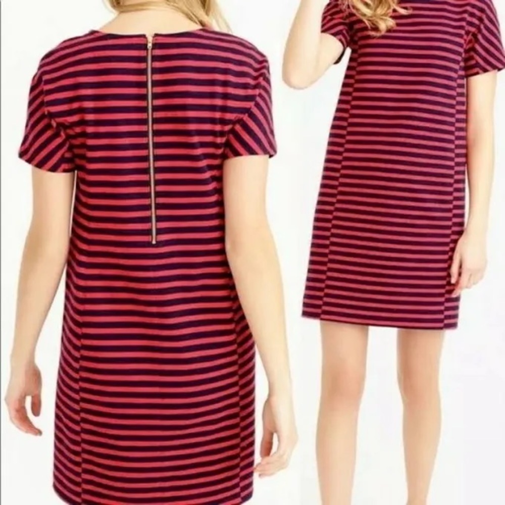 J. Crew Women’s Navy Blue Red Striped Short Sleeve Dress, gold zipper detail, XS
